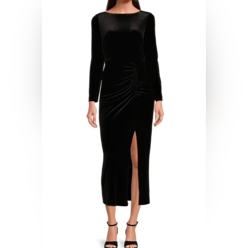 Alex Marie Velvet Long Sleeve Midi Sheath Dress W/ Ruched Waist: Black: Size- 18
